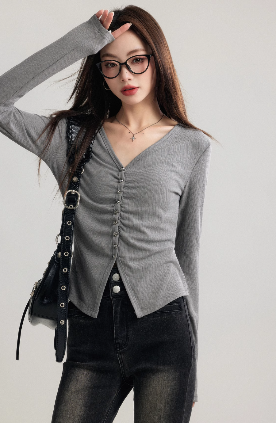 Grey long sleeve V-neck top