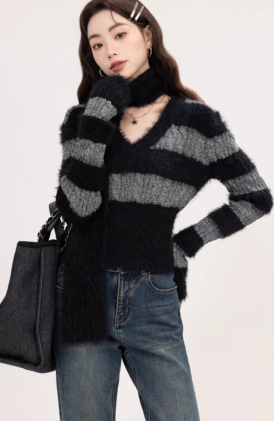 Black and grey striped scarf sweater