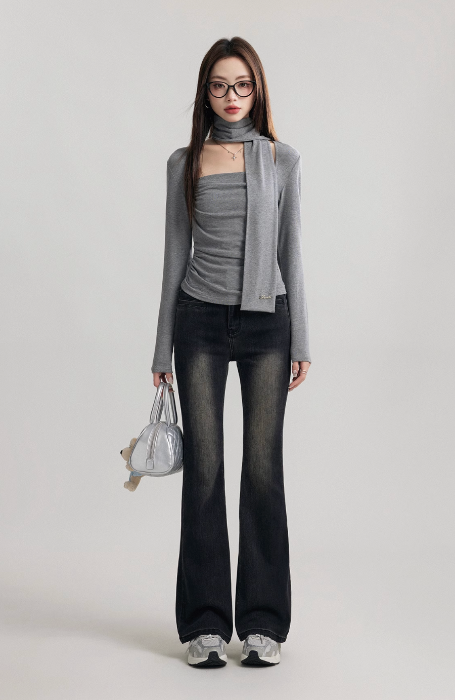 Grey square neck long sleeve slimming top with scarf