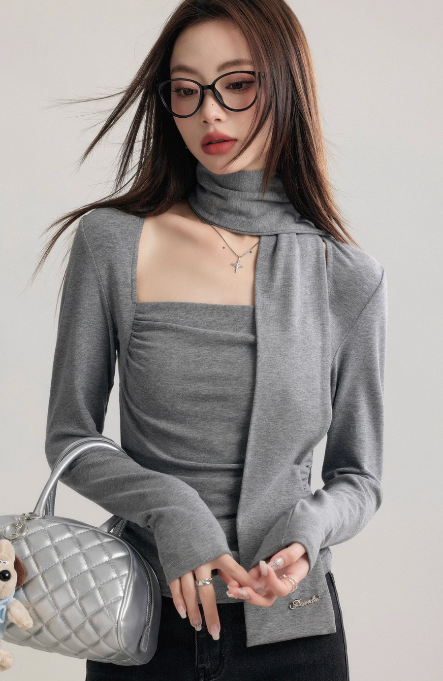 Grey square neck long sleeve slimming top with scarf