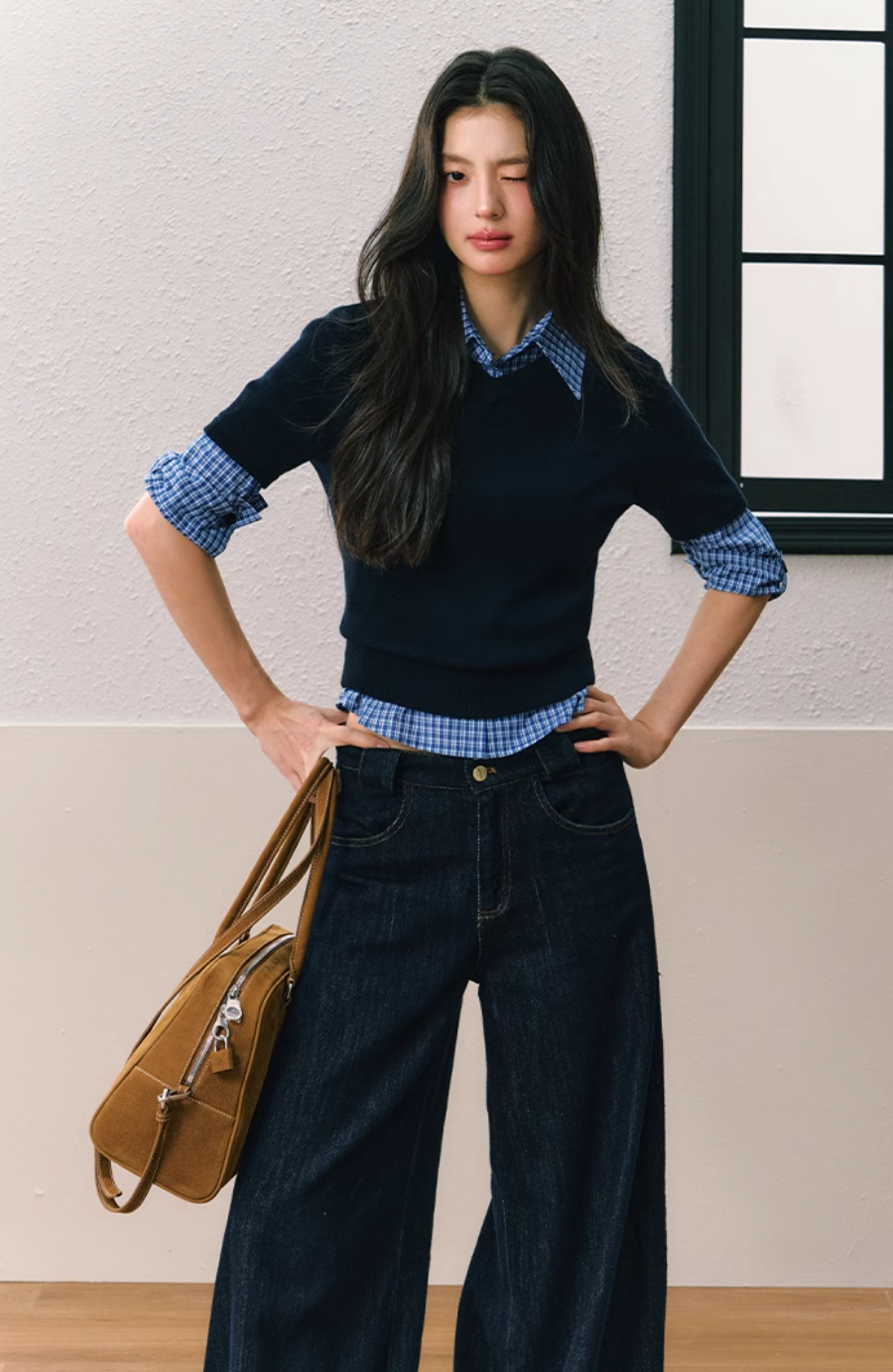 Blue sweater and shirt look