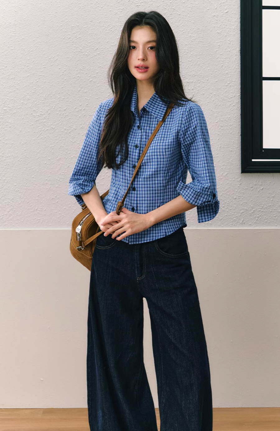 Blue checked shirt and loose pants look