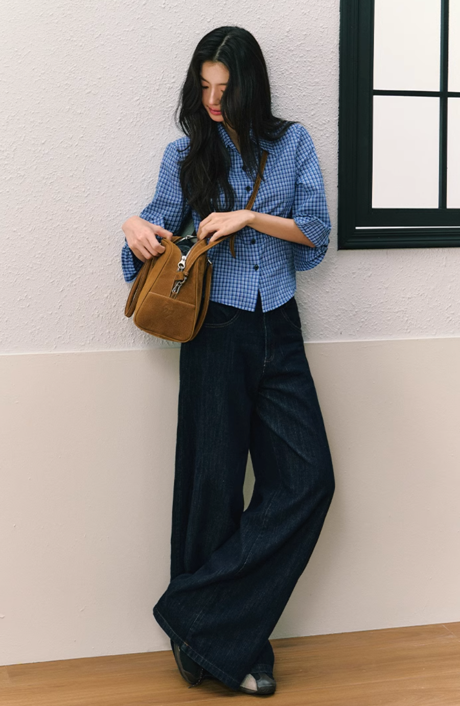 Blue checked shirt and loose pants look