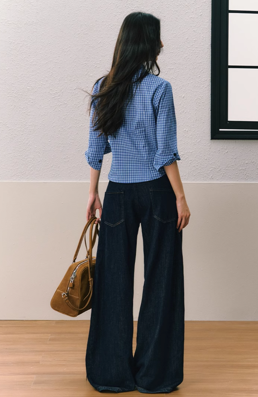 Blue checked shirt and loose pants look