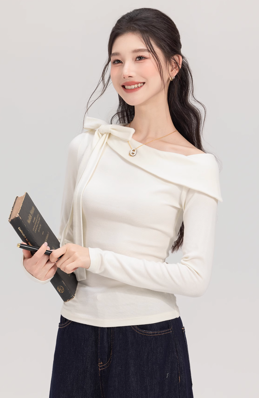 Apricot long sleeve off shoulder ribbon top