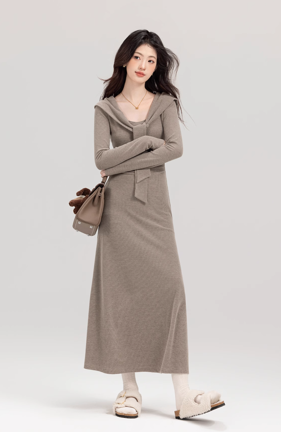 Brown long slimming dress