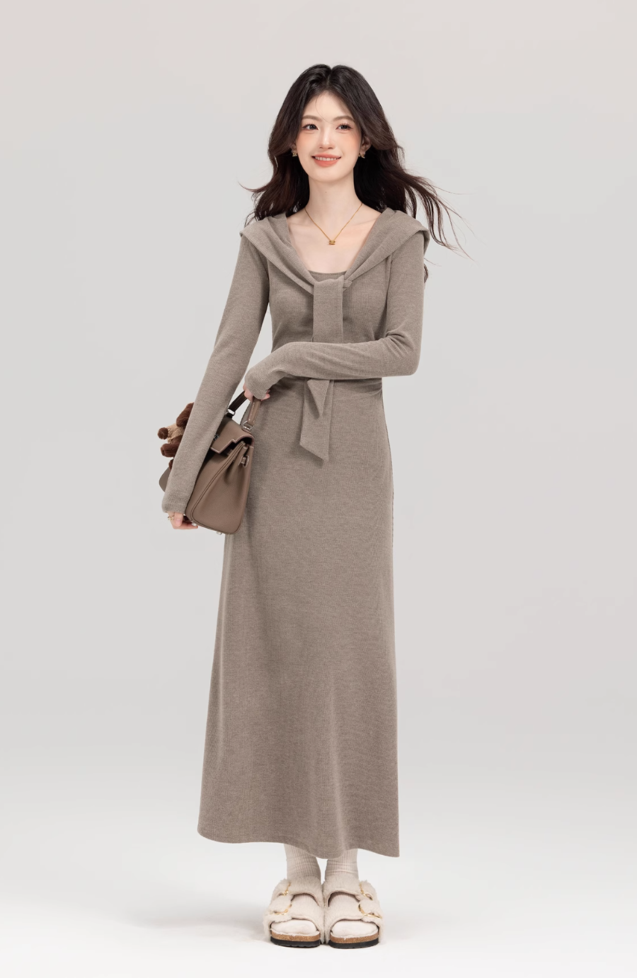 Brown long slimming dress