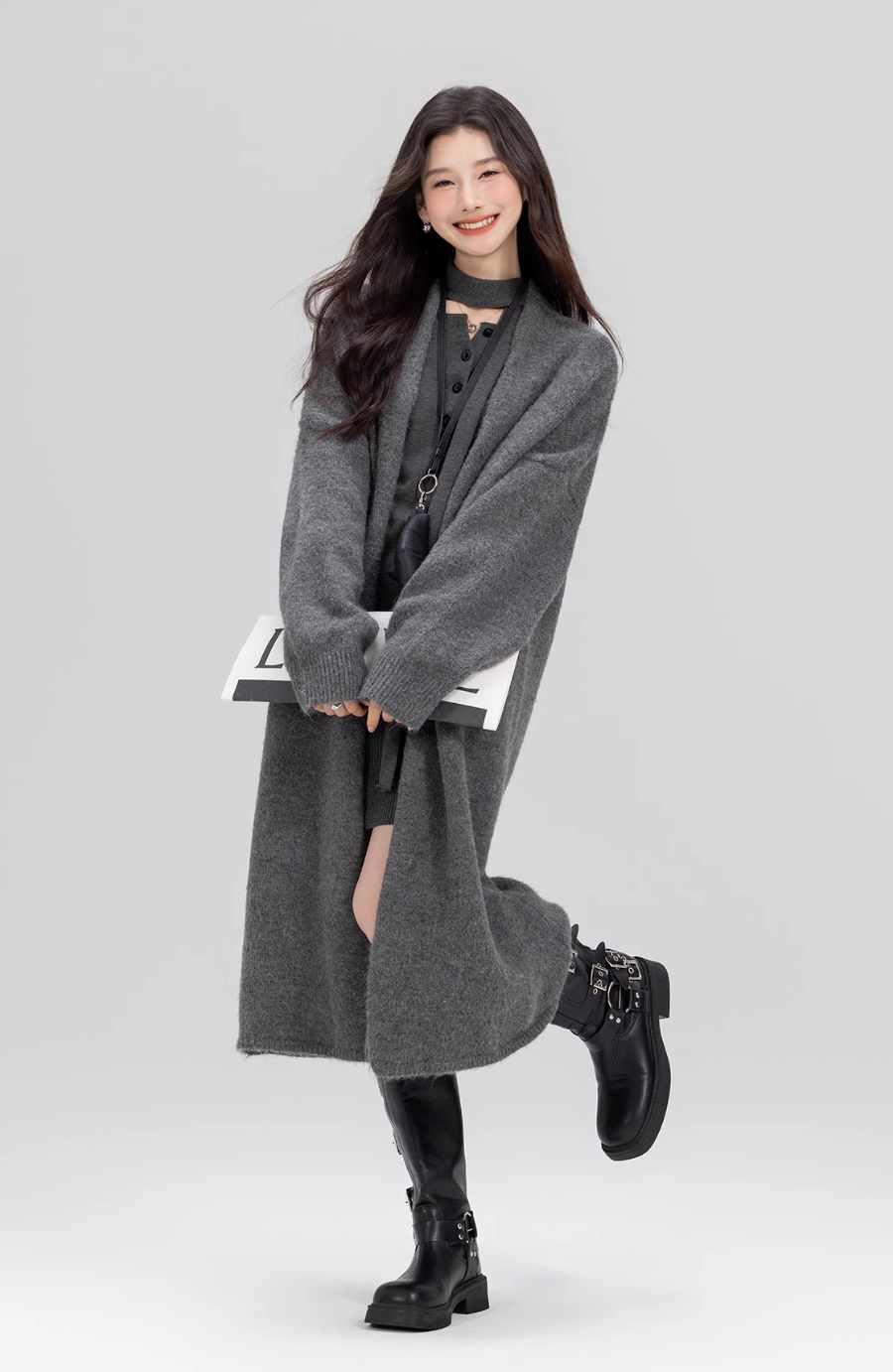 Grey long wool cardigan