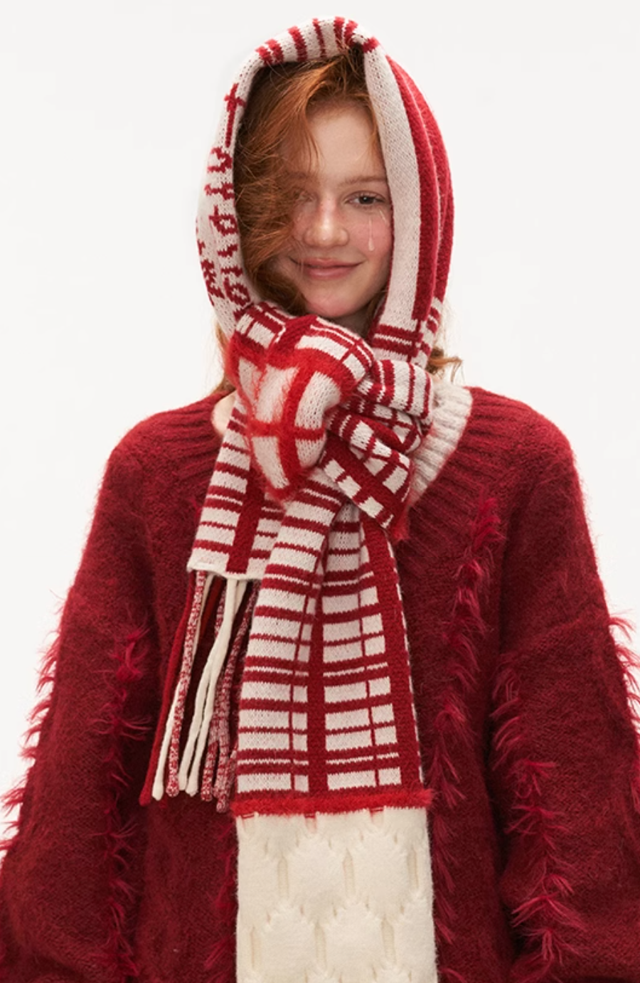 Red knitted sweater with scarf