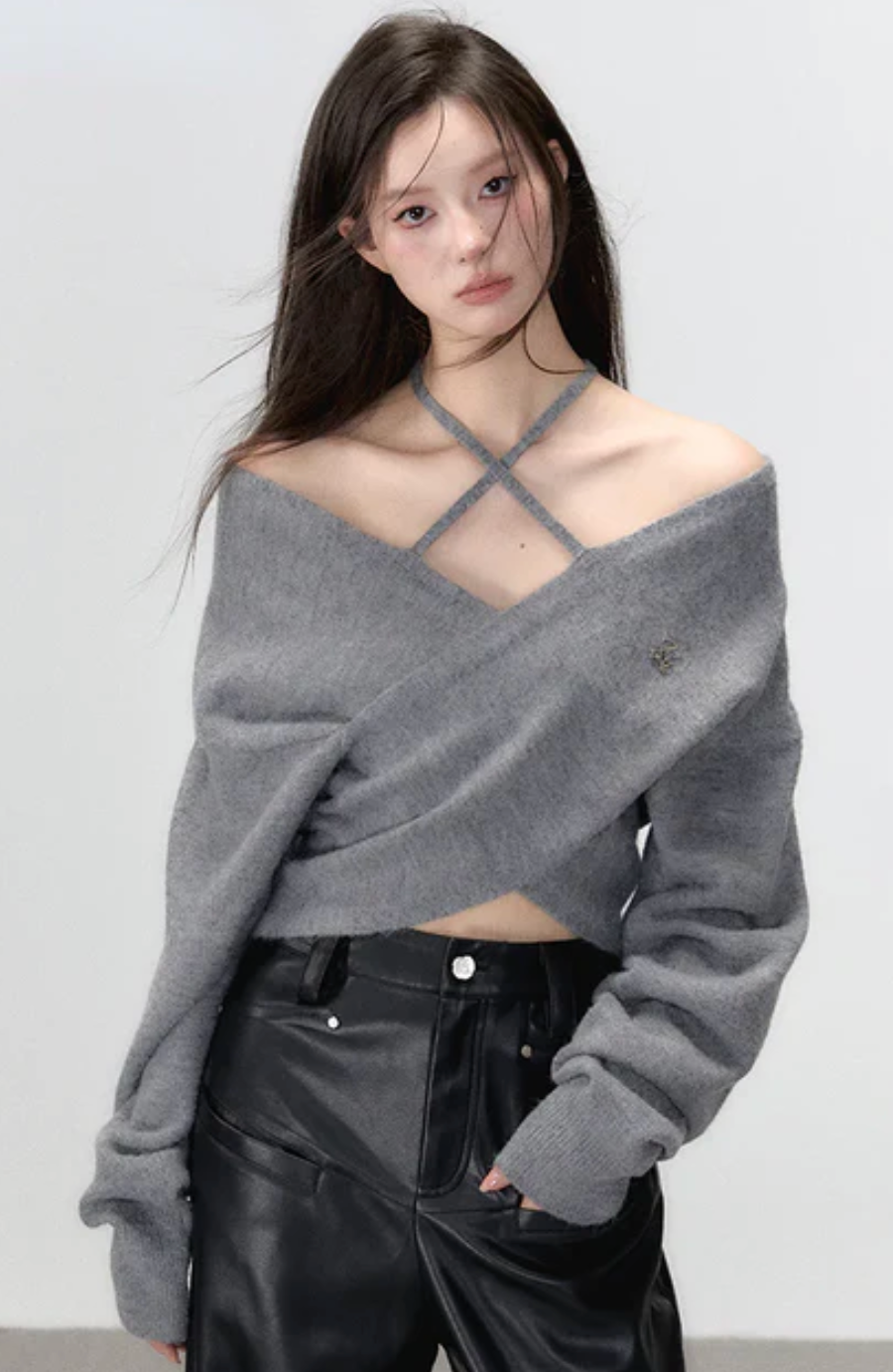 Off-shoulder knitted wool long-sleeve top