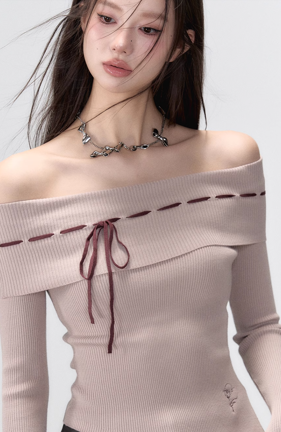 Off-shoulder knitted long sleeve top with ribbon detail