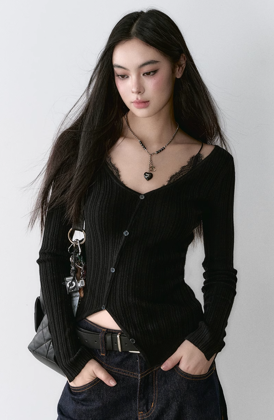 Asymmetrical long sleeve top with lace