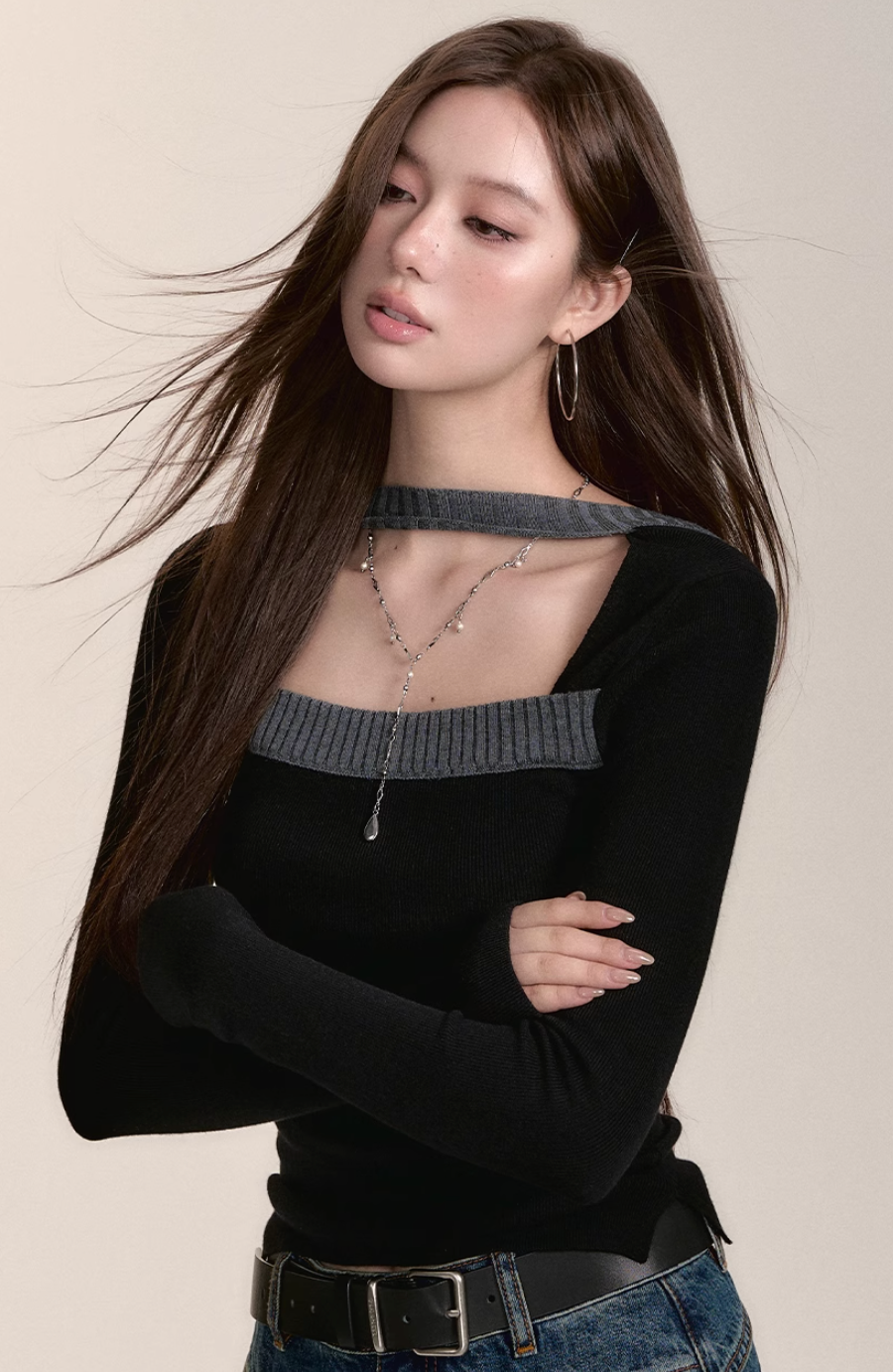 Double style long sleeve knitted top