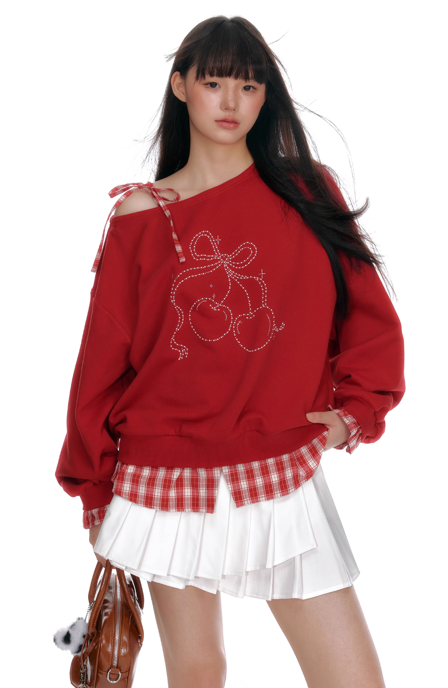 Fake two-piece red cherry sweatshirt