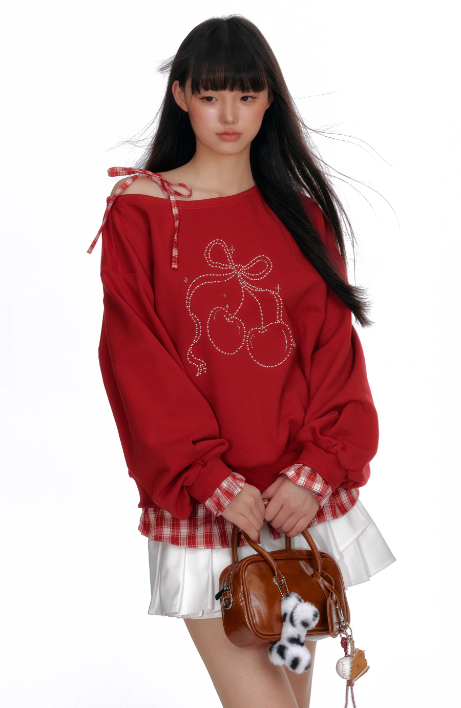 Fake two-piece red cherry sweatshirt