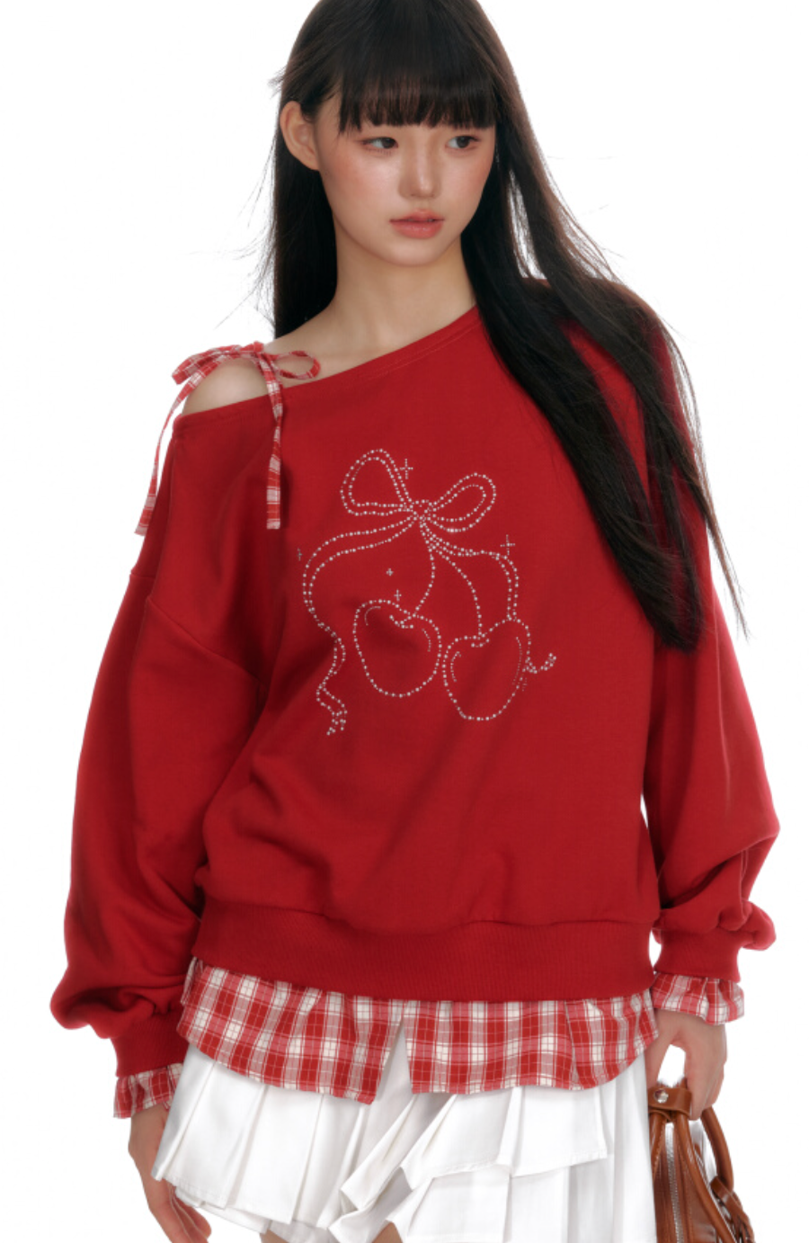 Fake two-piece red cherry sweatshirt