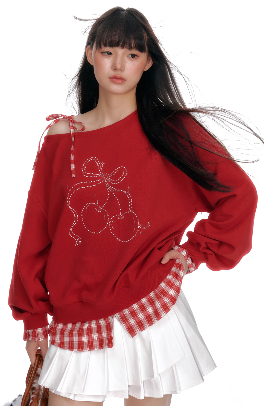 Fake two-piece red cherry sweatshirt