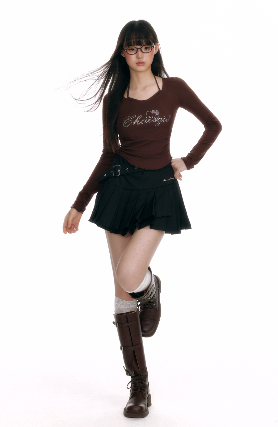 Brown chaosgirl fake two-piece long sleeve top