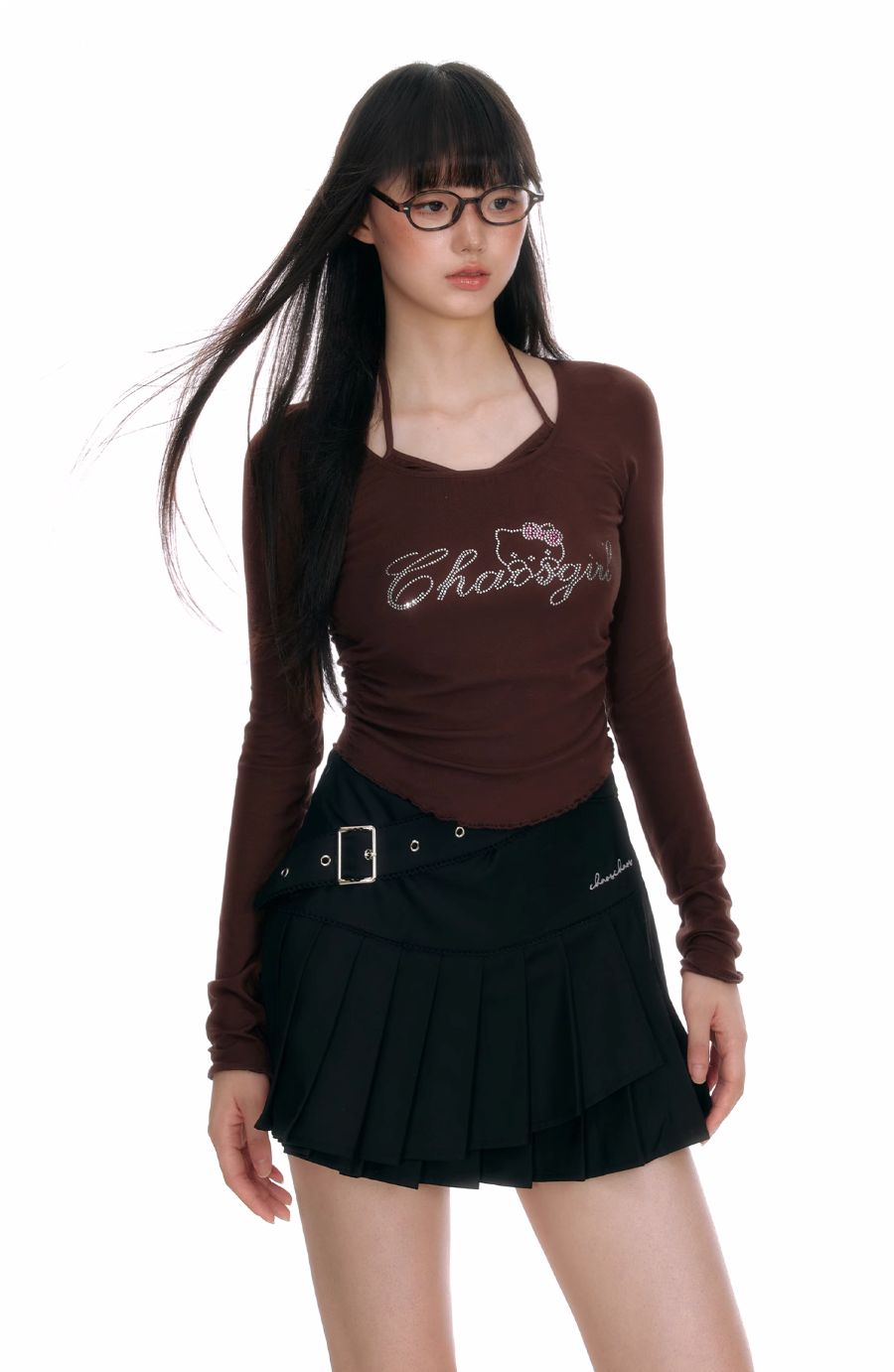 Brown chaosgirl fake two-piece long sleeve top