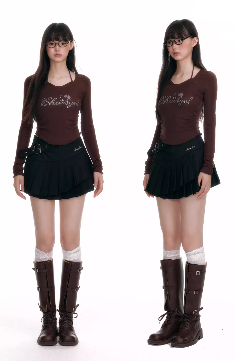 Brown chaosgirl fake two-piece long sleeve top