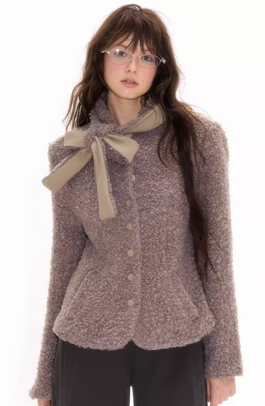 Wool jacket with detachable bow scarf