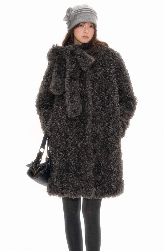 Grey sheep effect coat with detachable double side bow scarf