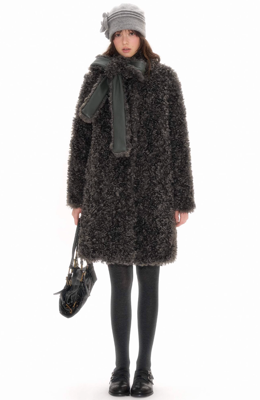 Grey sheep effect coat with detachable double side bow scarf