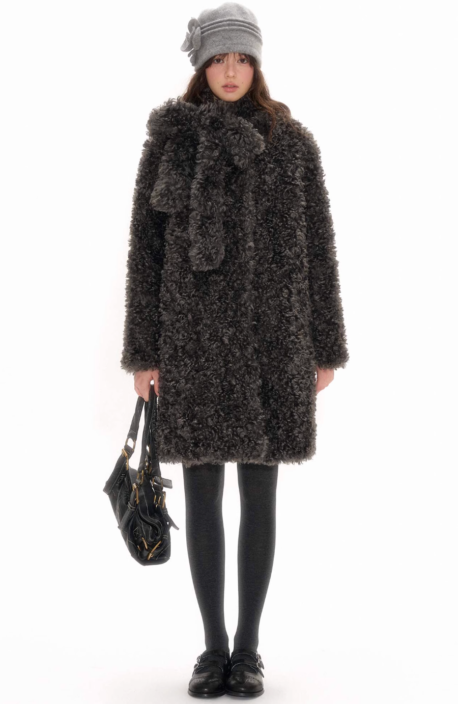 Grey sheep effect coat with detachable double side bow scarf