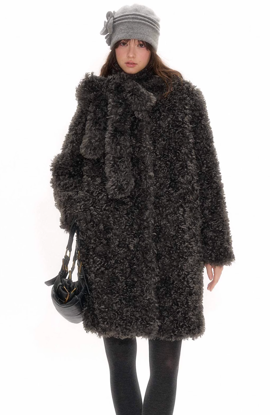 Grey sheep effect coat with detachable double side bow scarf