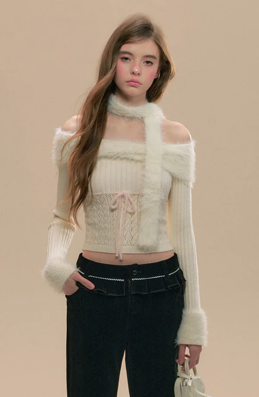 Furry knit off-shoulder top with scarf