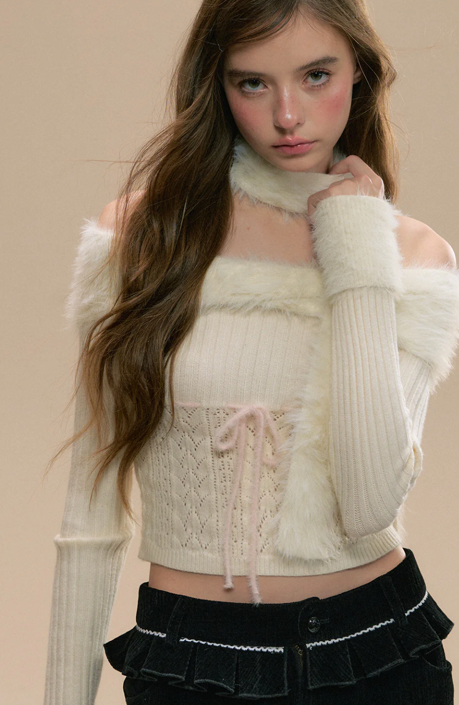 Furry knit off-shoulder top with scarf