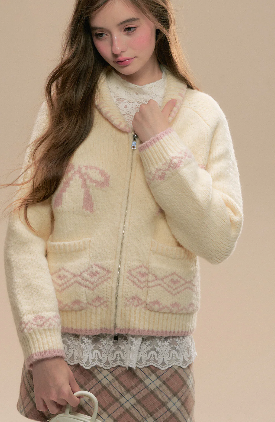 Beige and pink wool cardigan