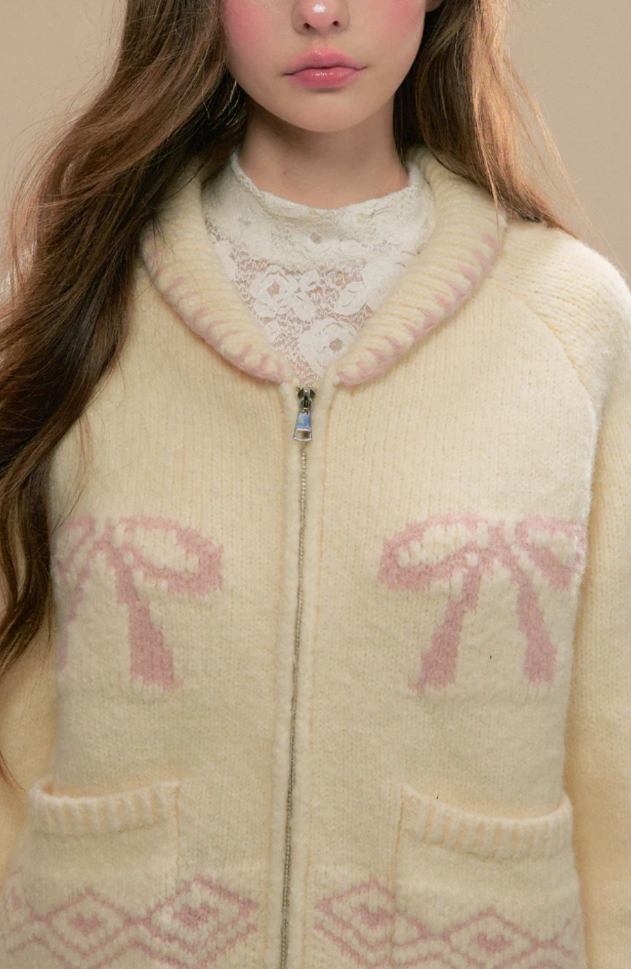 Beige and pink wool cardigan