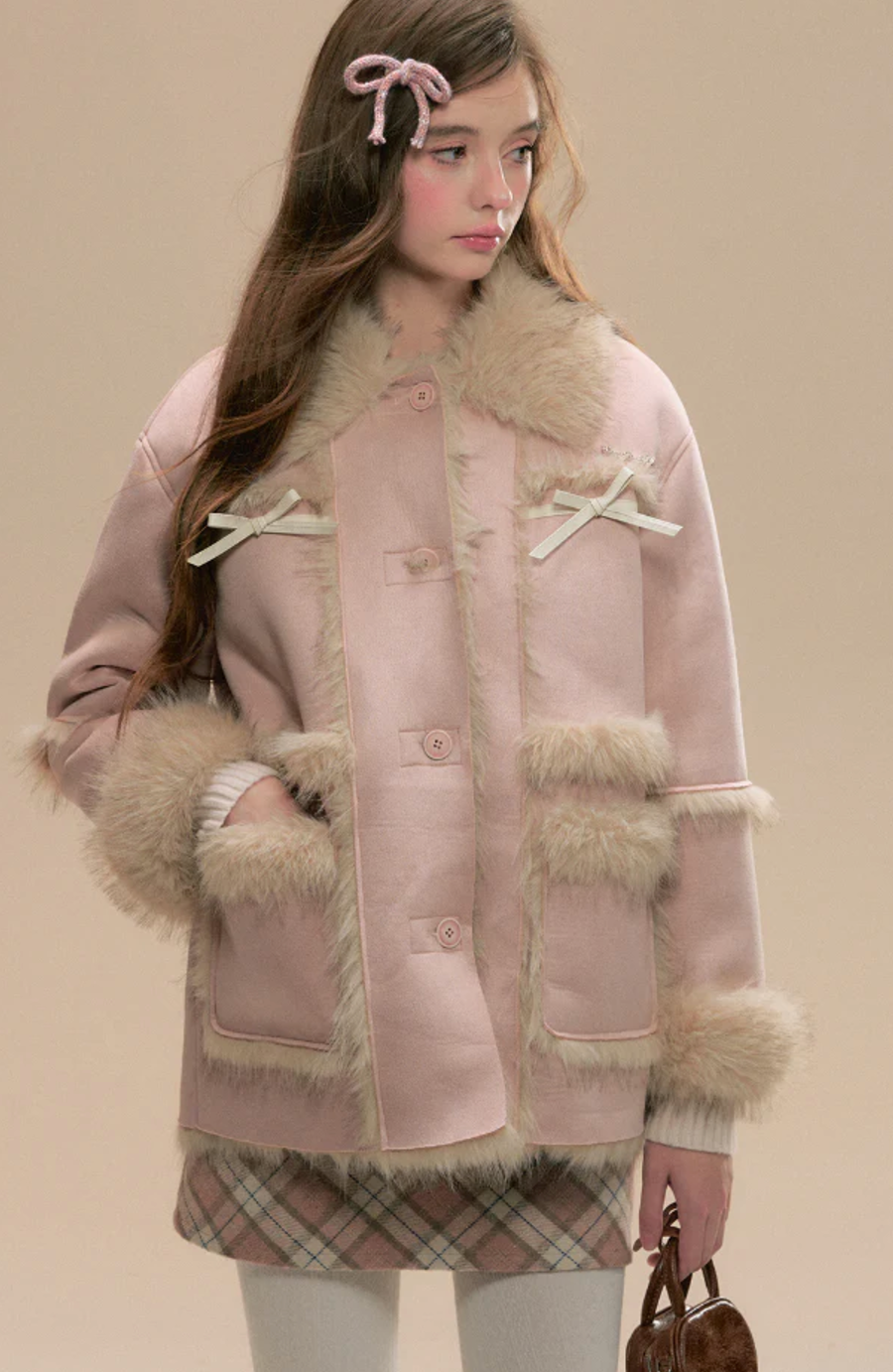 Pink faux fur coat