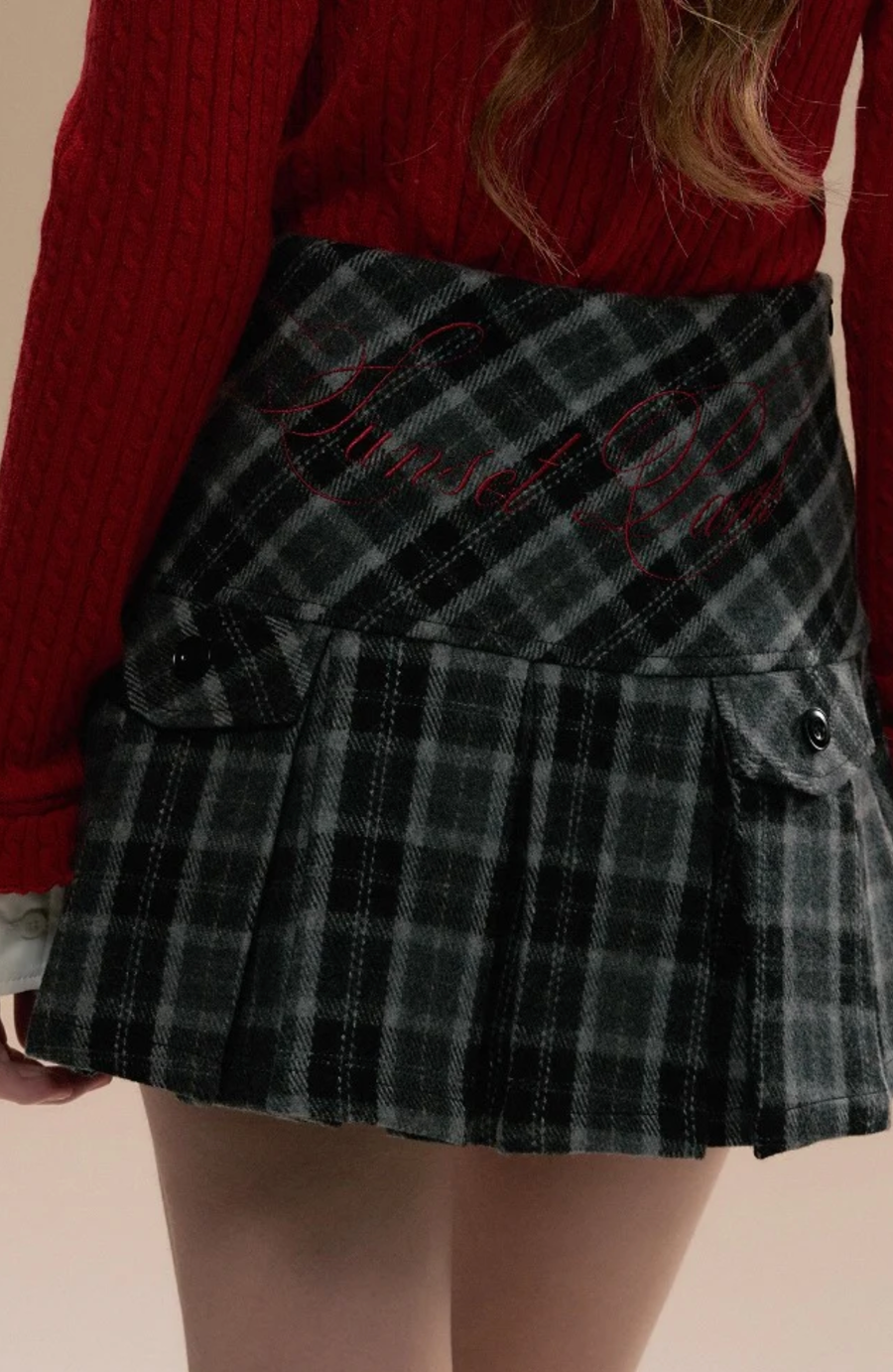 Black and gray wool checked skirt with logo