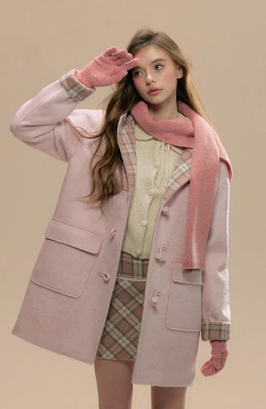 Pink hooded wool coat with checked interior