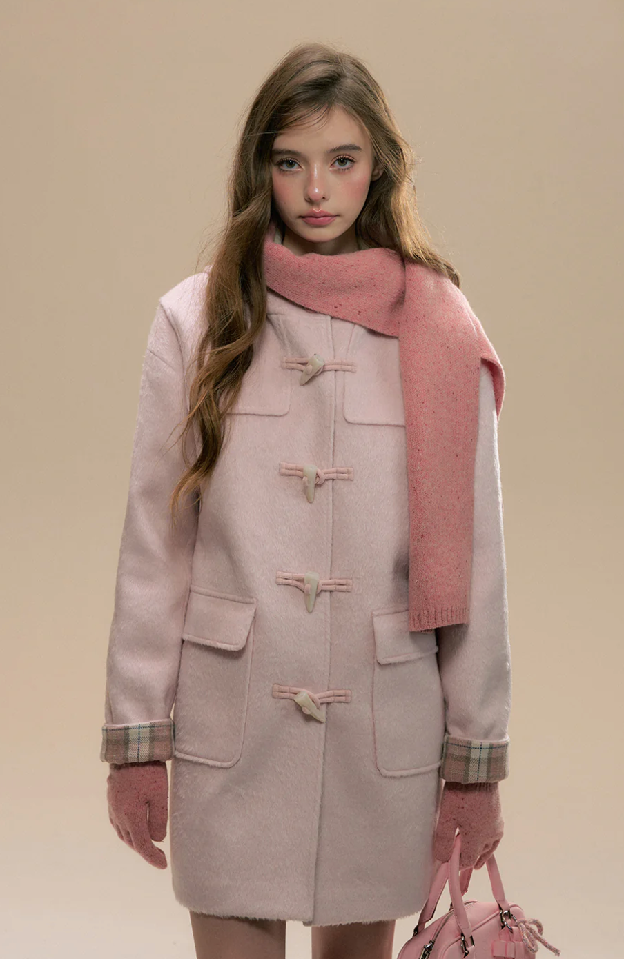 Pink hooded wool coat with checked interior