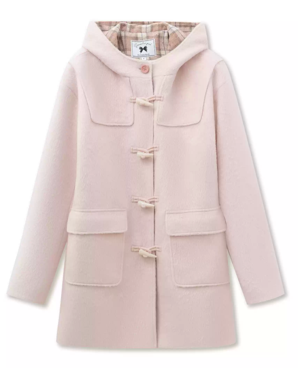 Pink hooded wool coat with checked interior