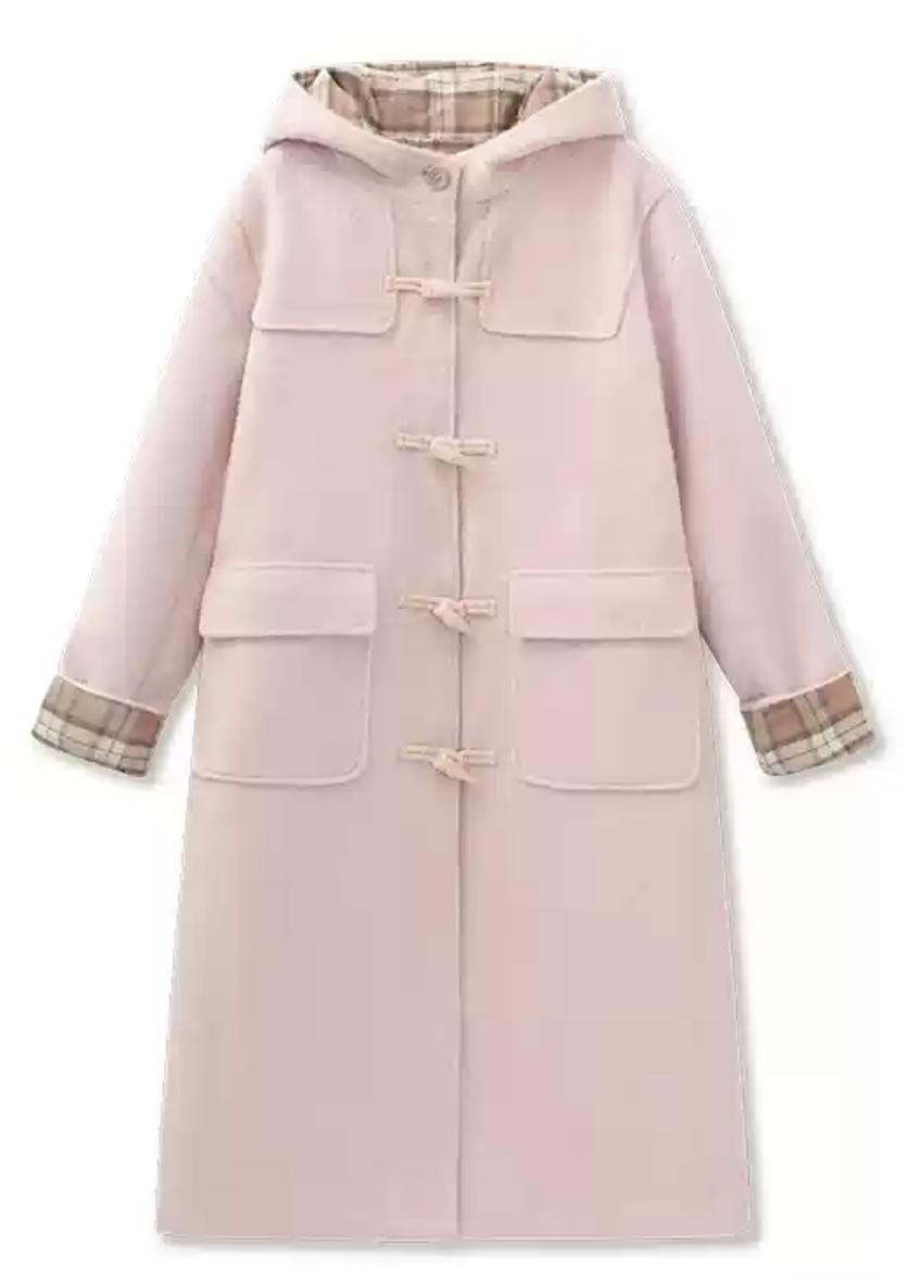 Pink hooded wool coat with checked interior