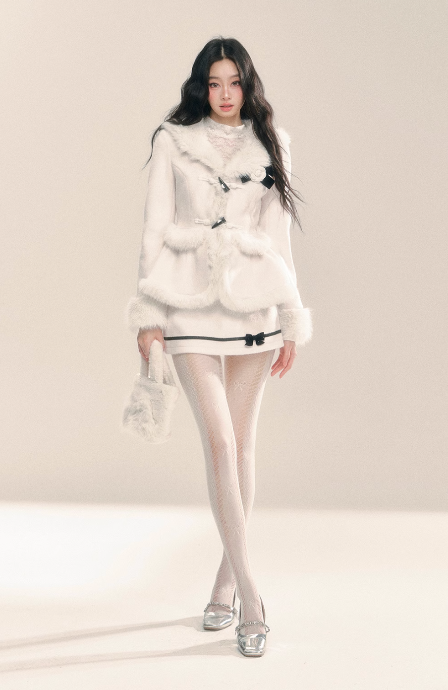 Cream white coat with flower ribbon detail