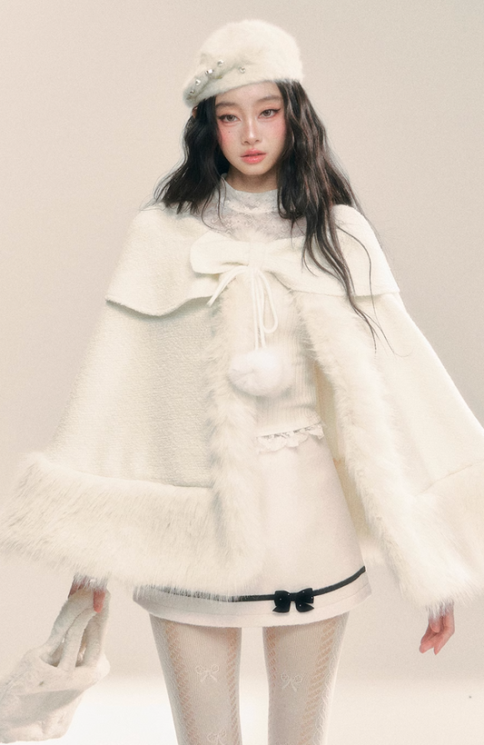 Apricot white fake fur poncho coat with ribbon detail