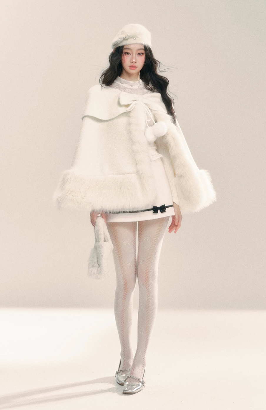 Apricot white fake fur poncho coat with ribbon detail