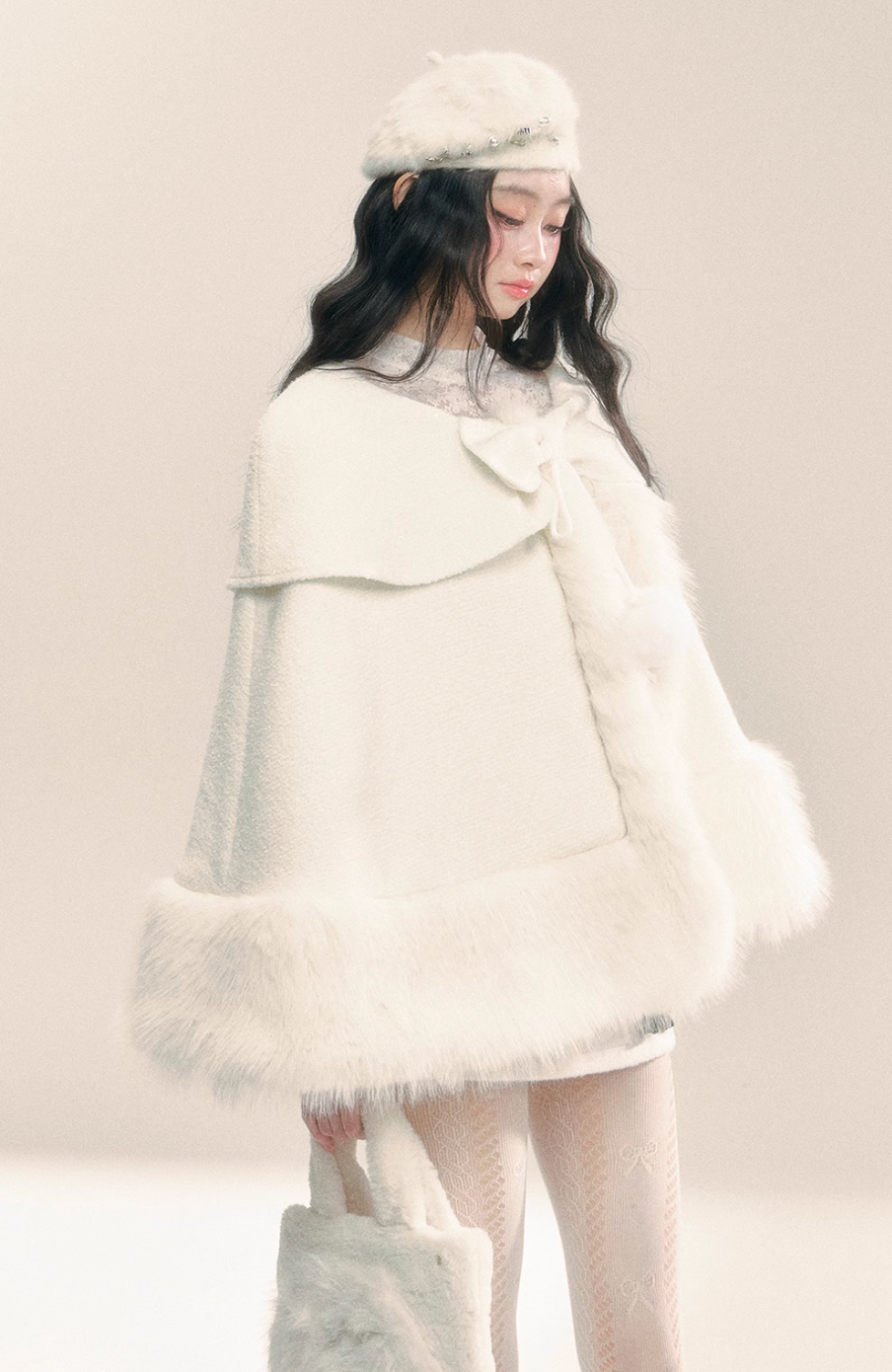 Apricot white fake fur poncho coat with ribbon detail