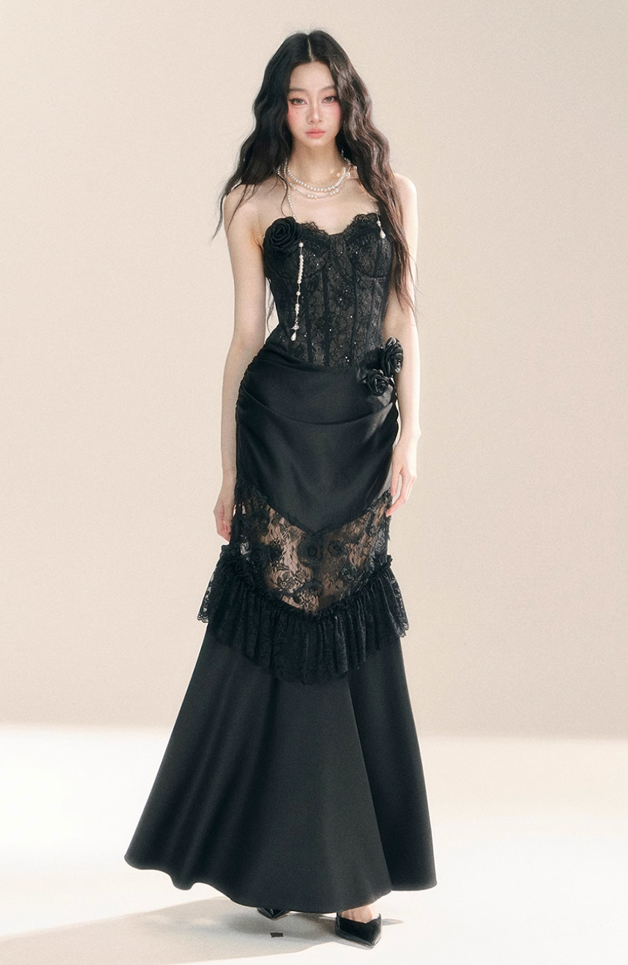 Black off-shoulder long lace dress with flower details