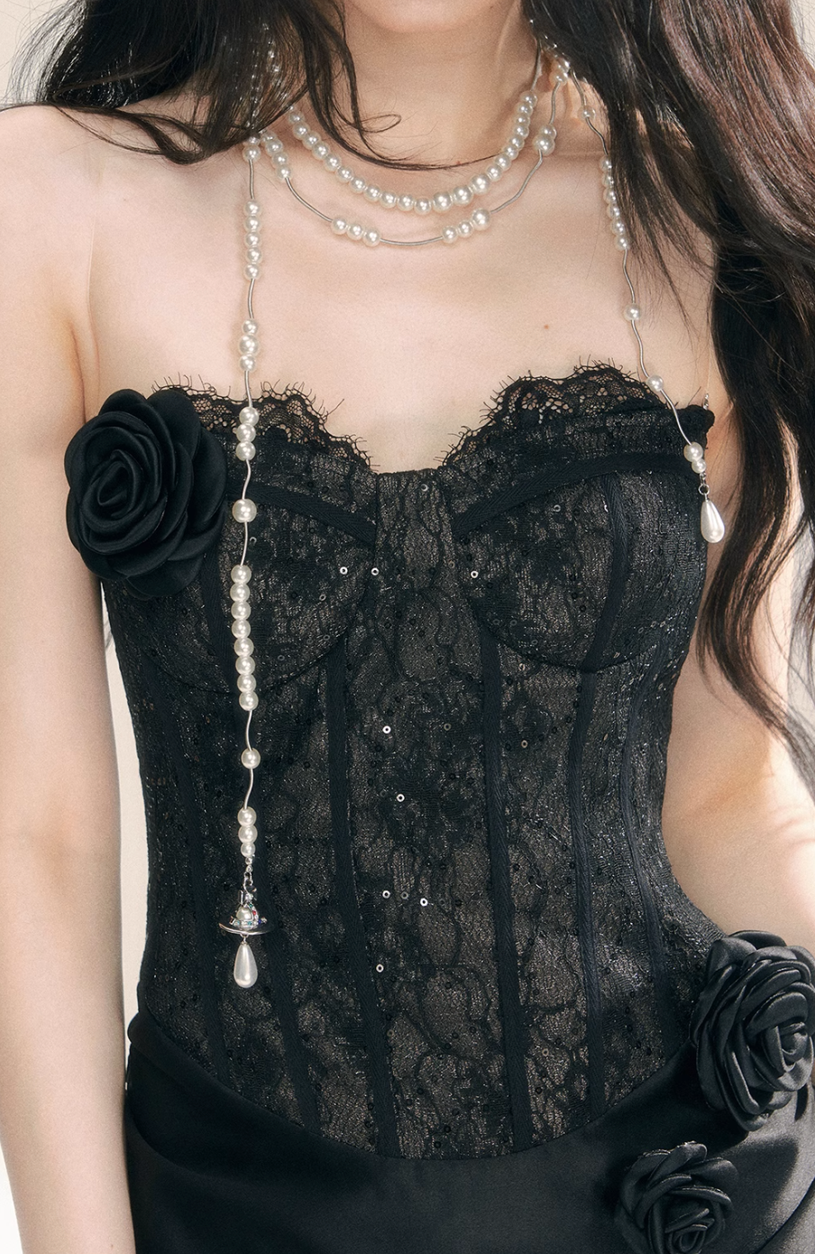 Black off-shoulder long lace dress with flower details