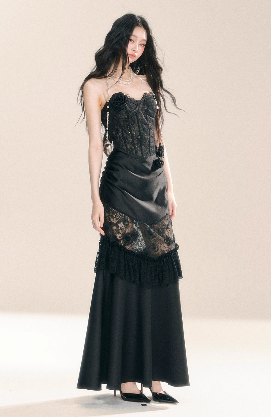 Black off-shoulder long lace dress with flower details