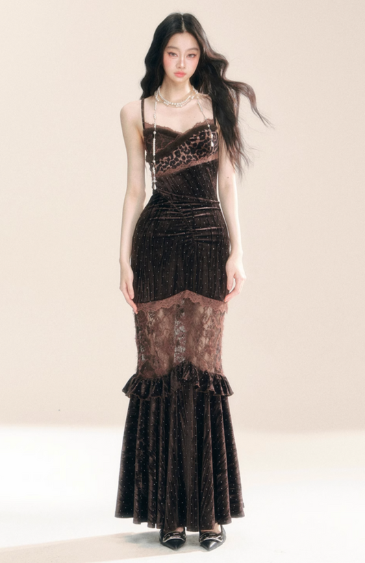 Dark brown long lace dress