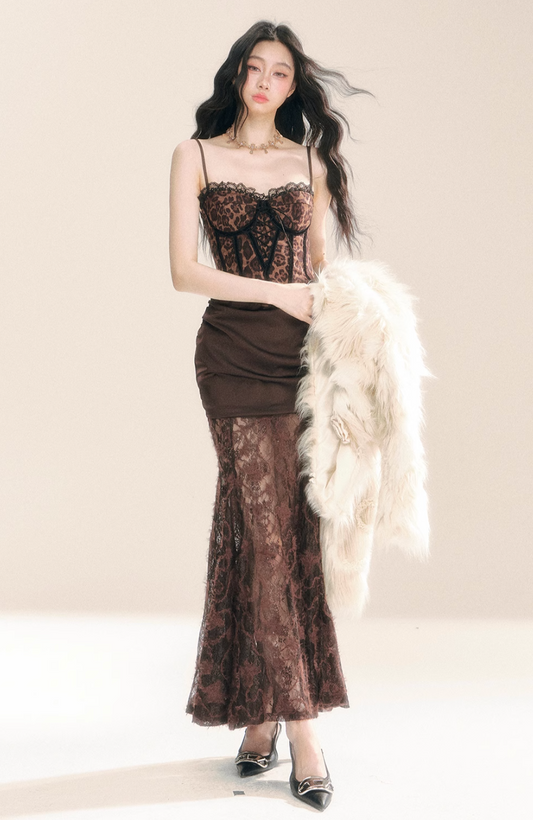 Brown corset maxi lace dress