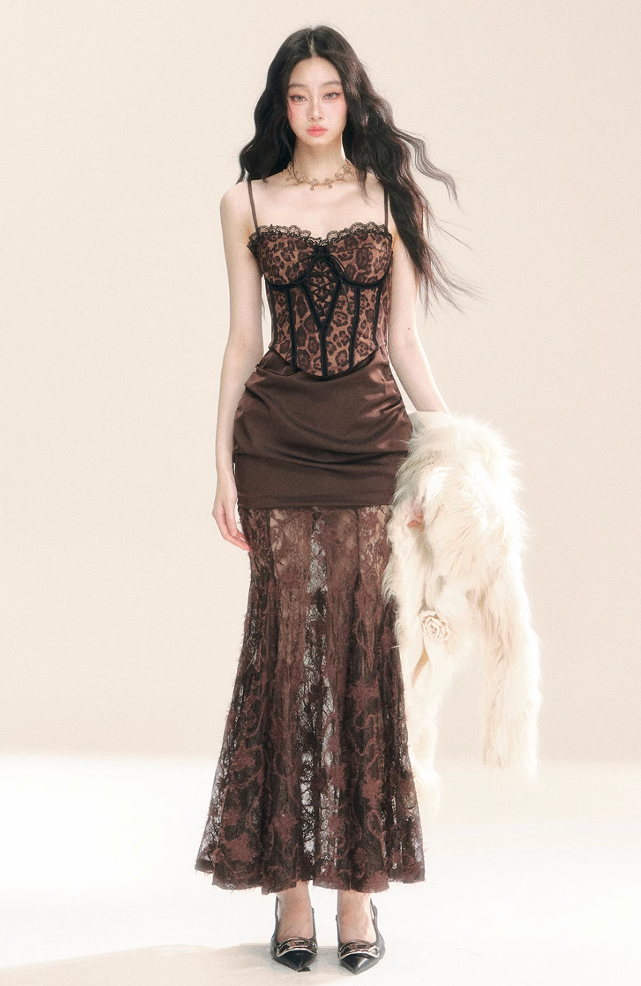 Brown corset maxi lace dress