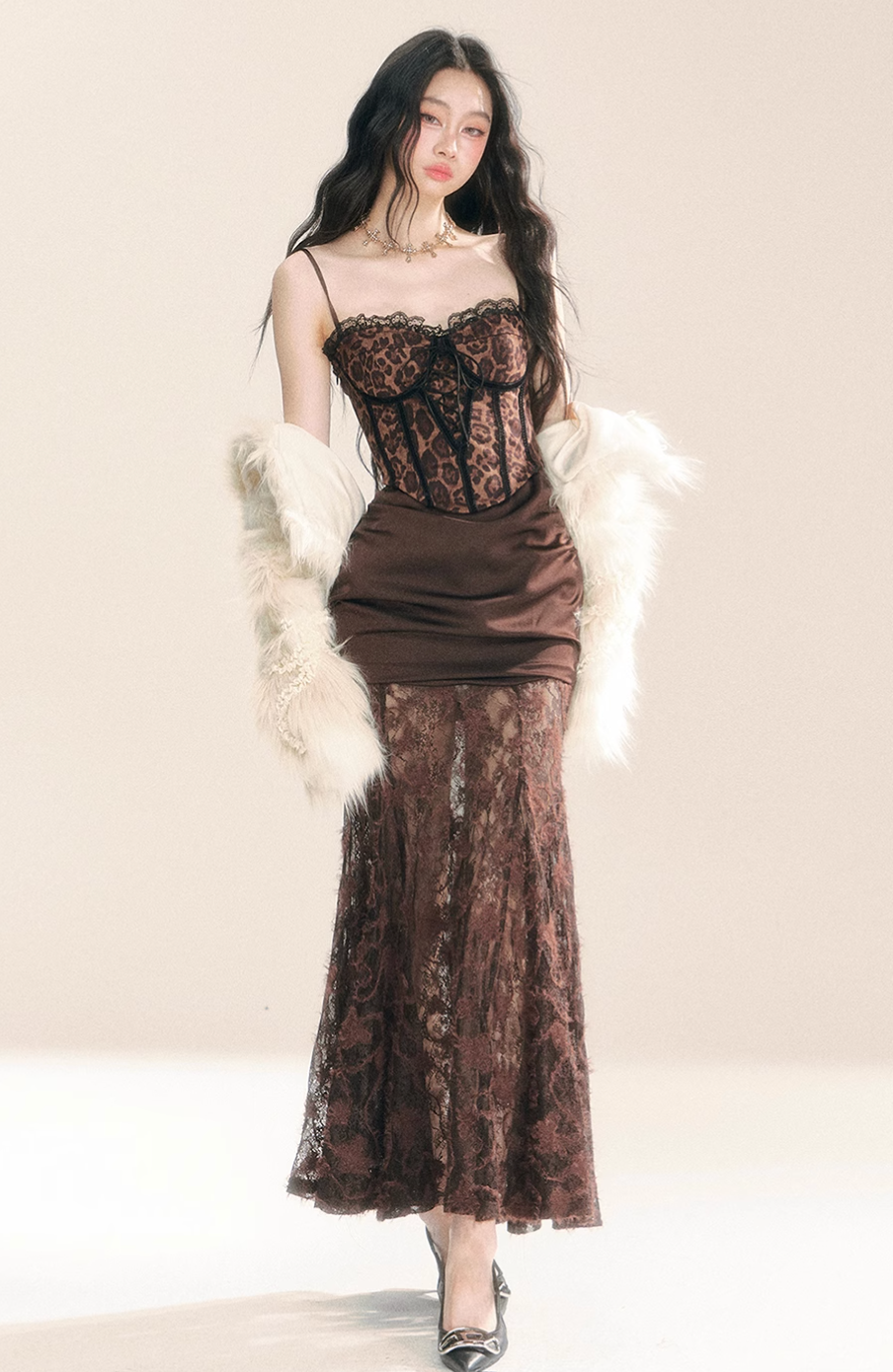 Brown corset maxi lace dress